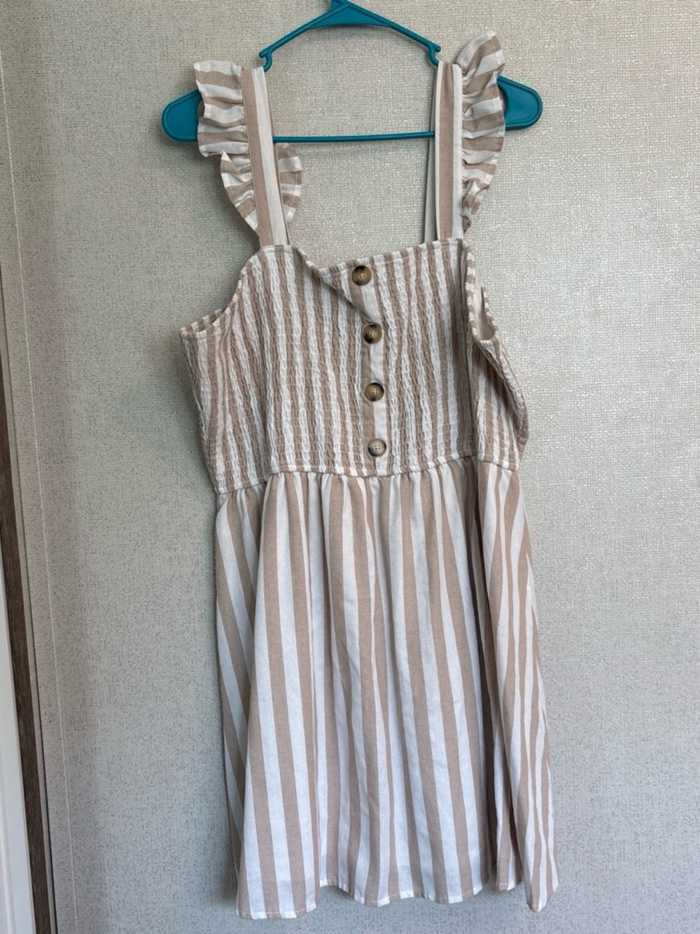 Beige and White Striped Ruffle Dress